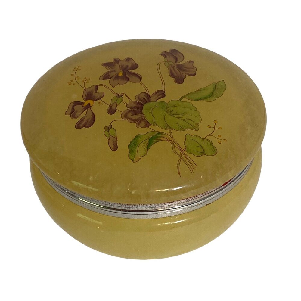 Yellow Alabaster Hand Carved Trinket Jewelry Box Hinged Lid Violets 3.25" Italy